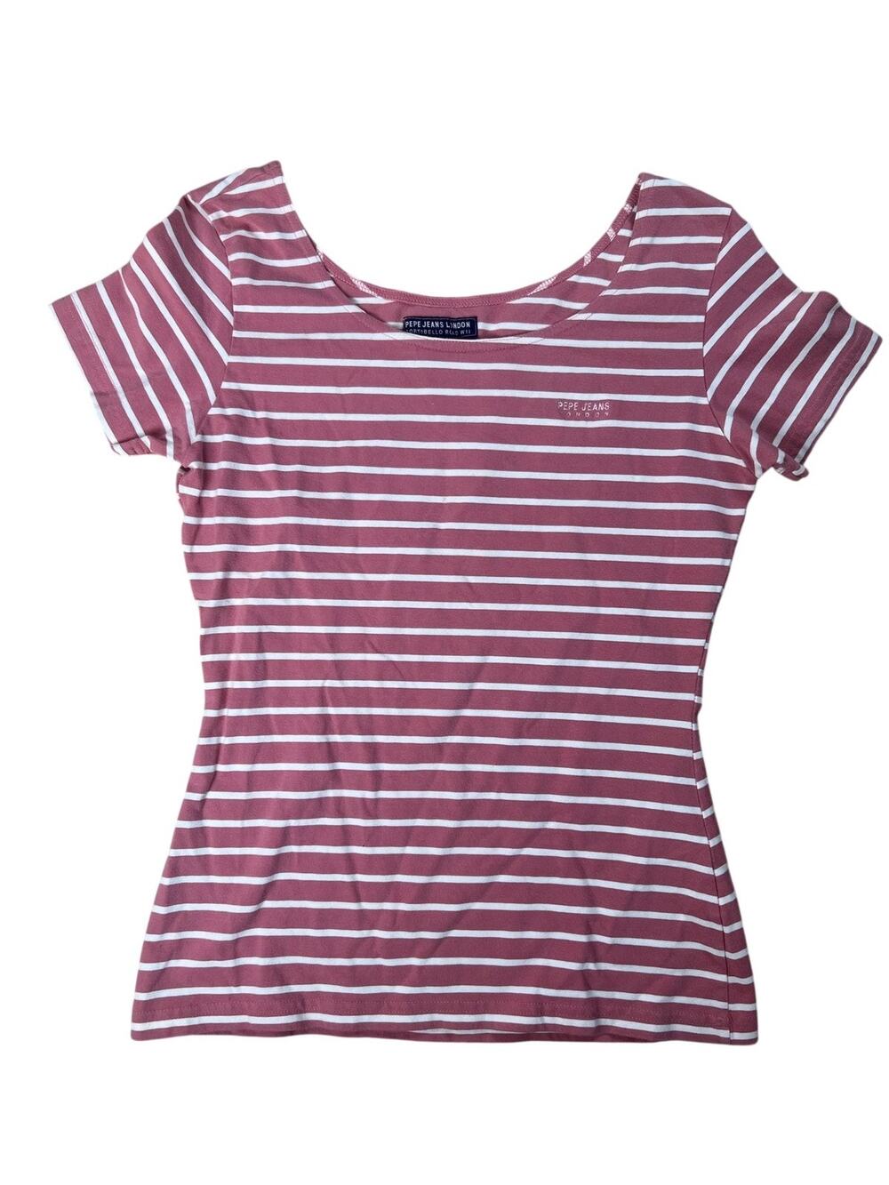 Pepe Jeans London T-Shirt Womens M Pink Scoop Neck Striped Embroidered Slim